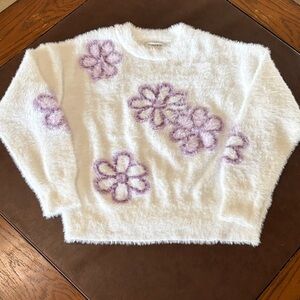 Hooked Up by IOT Fuzzy White Sweater with Purple Floral Accents
